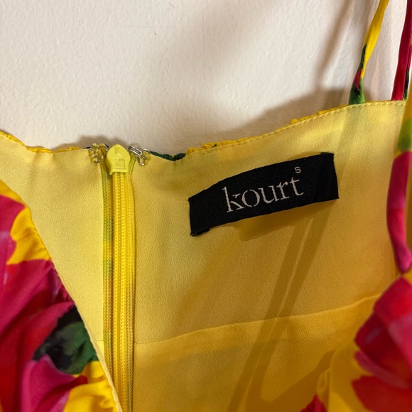 KOURT Dionne Bright Yellow Floral Print Satin Tie-Strap Mini Dress Size Small - Picture 7 of 10